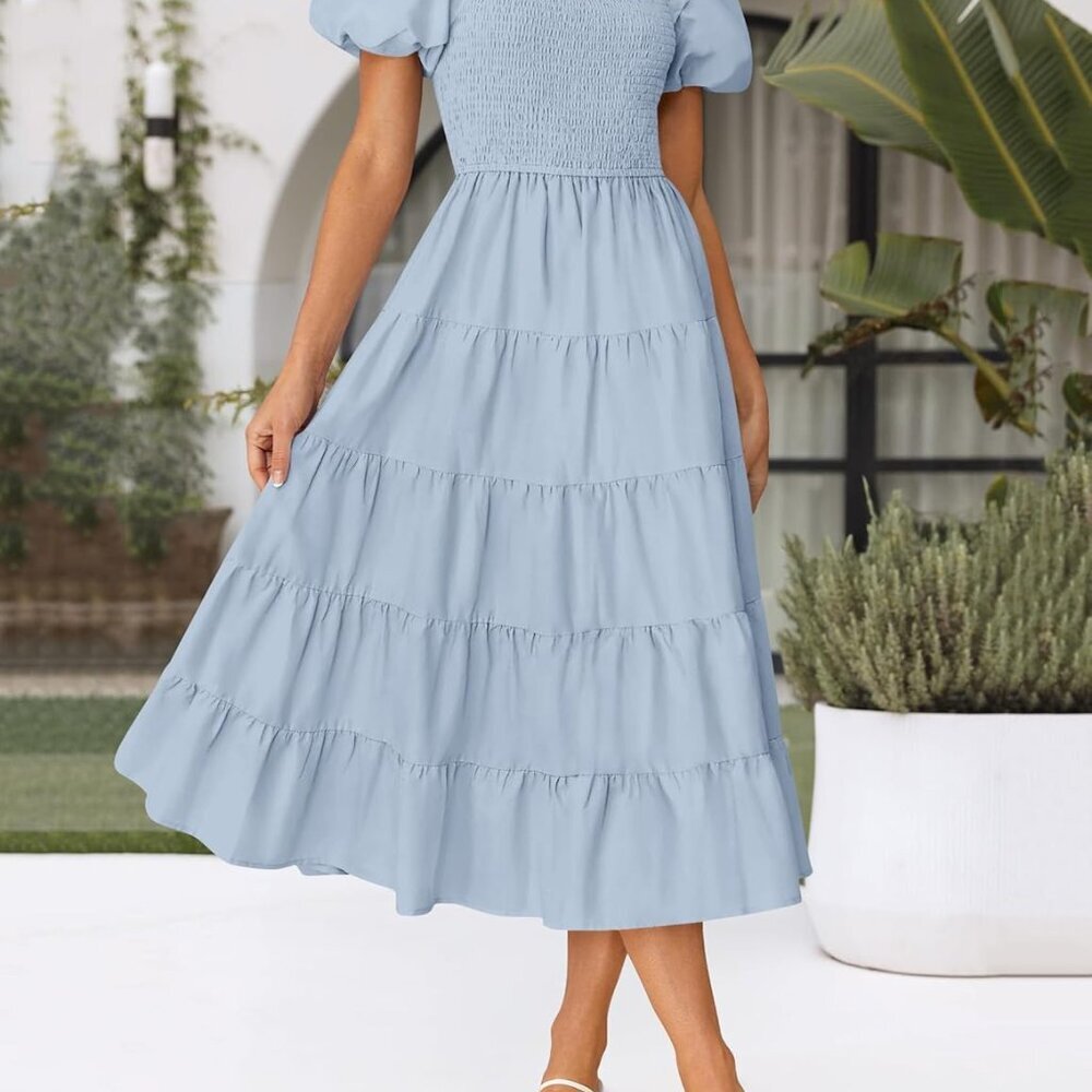 Women's 2025 Summer Square Neck Short Puff Sleeve Solid Color High Waist Casual - Picture 2 of 9